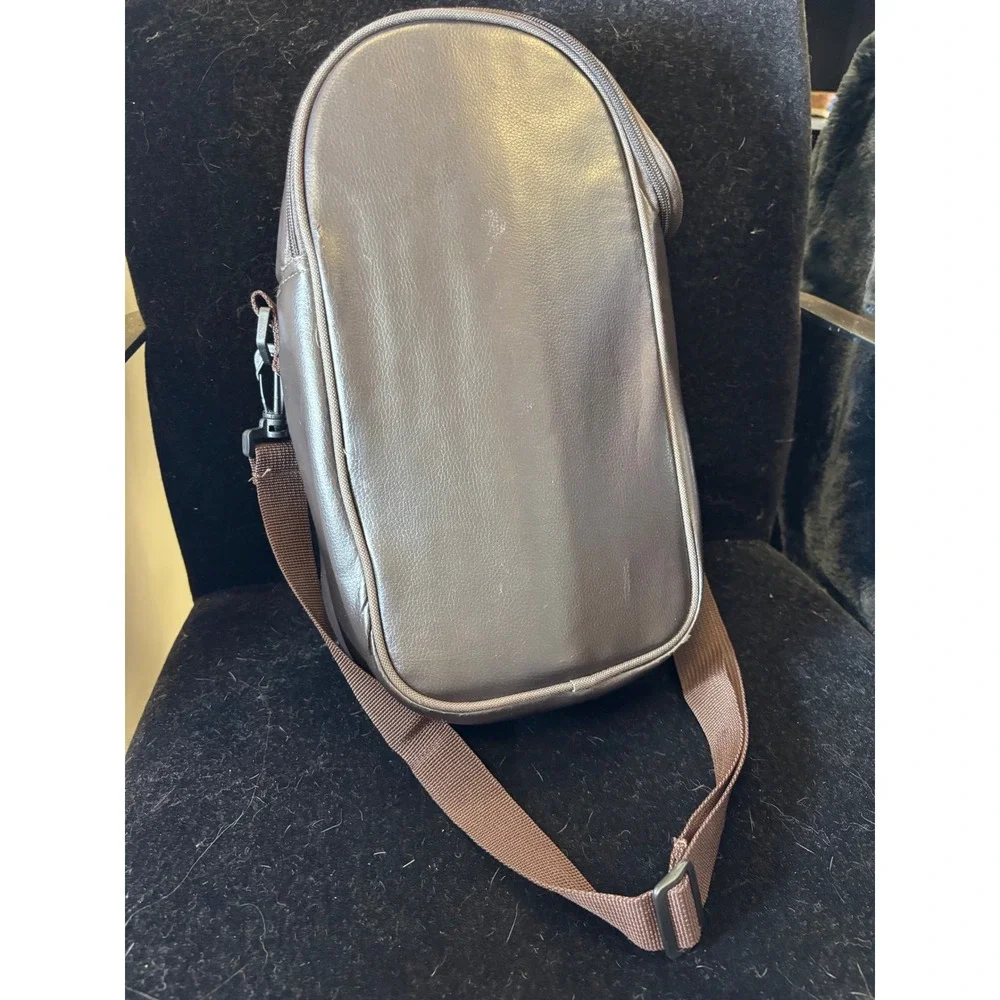 Picnic Plus Brown Faux Leather Insulated Wine Bottle Carrier Sling Bag Travel